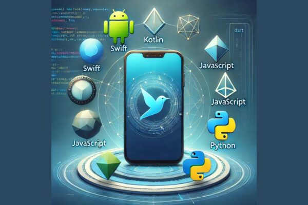 image showing a smartphone at the center, surrounded by icons for popular mobile app development languages including Swift (bird), Kotlin (K icon), JavaScript (JS icon), Python (Python logo), and Dart (dart icon), with a tech-themed background symbolizing connectivity and coding.