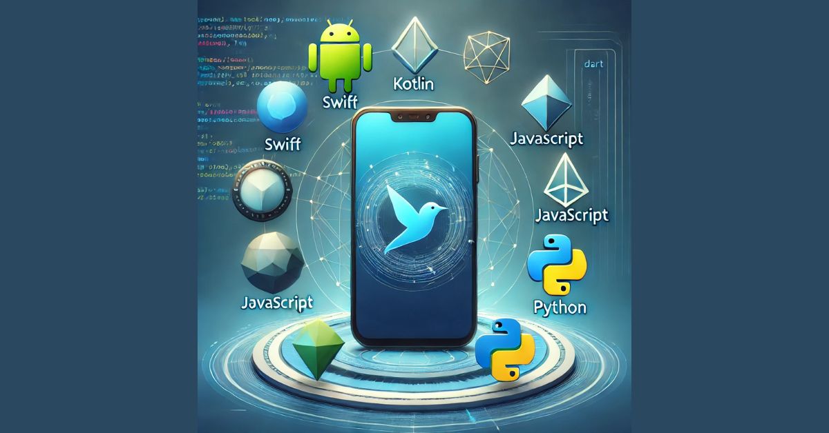 image showing a smartphone at the center, surrounded by icons for popular mobile app development languages including Swift (bird), Kotlin (K icon), JavaScript (JS icon), Python (Python logo), and Dart (dart icon), with a tech-themed background symbolizing connectivity and coding.