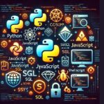 programming languages for cybersecurity, including icons for Python, C/C++, JavaScript, SQL, Ruby, and Shell scripting, surrounded by elements like locks and shields to symbolize security.