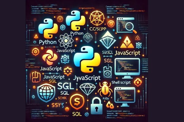 programming languages for cybersecurity, including icons for Python, C/C++, JavaScript, SQL, Ruby, and Shell scripting, surrounded by elements like locks and shields to symbolize security.