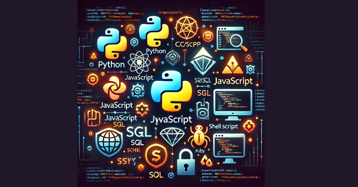 programming languages for cybersecurity, including icons for Python, C/C++, JavaScript, SQL, Ruby, and Shell scripting, surrounded by elements like locks and shields to symbolize security.